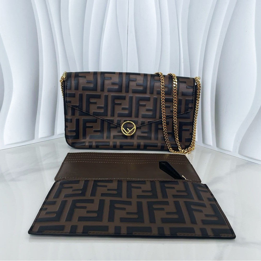 Fendi Brown & Black FF Embossed Leather Wallet on Chain